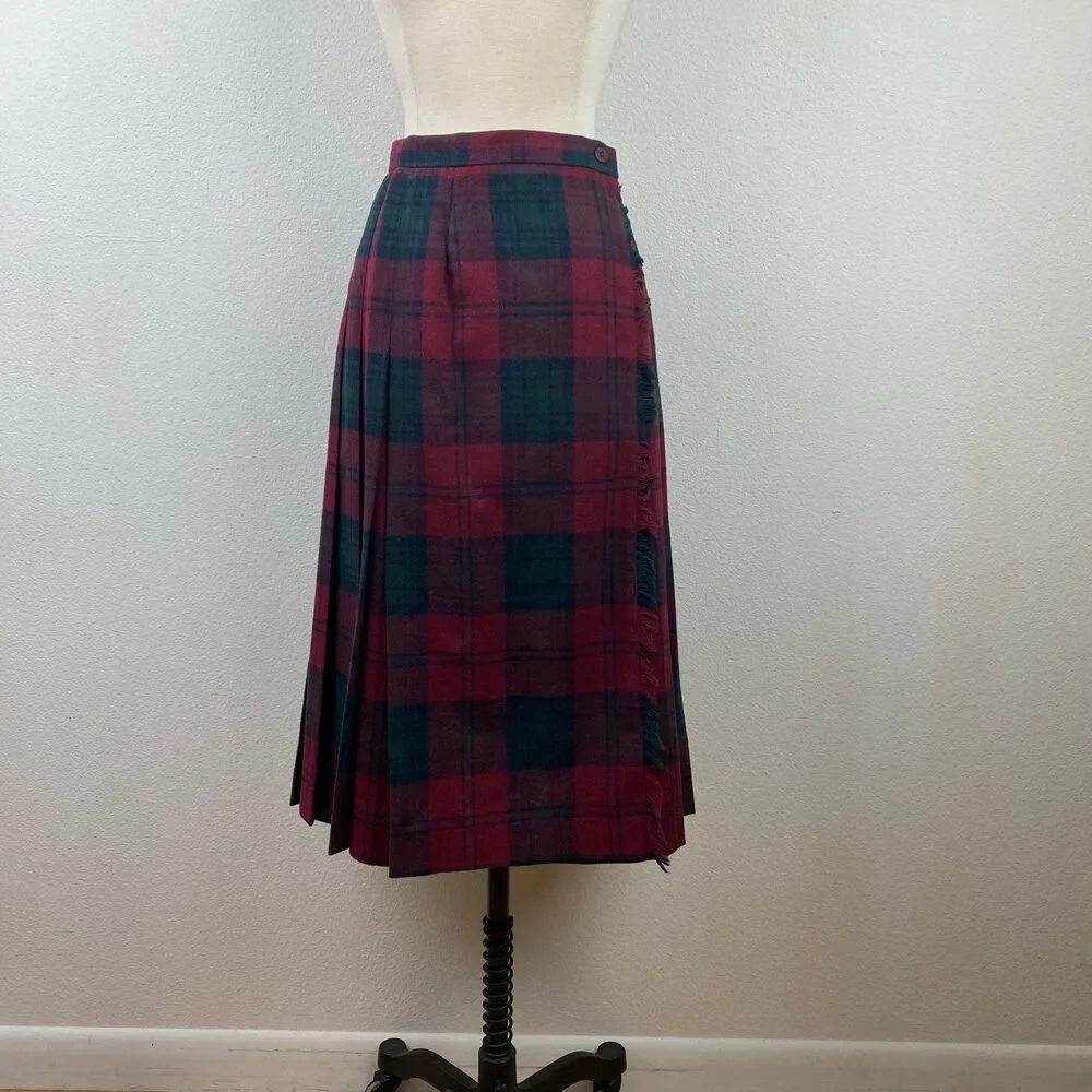 Vintage Copley Square Wool Pleated Wrap Skirt Fringe Side10 Red Green Plaid